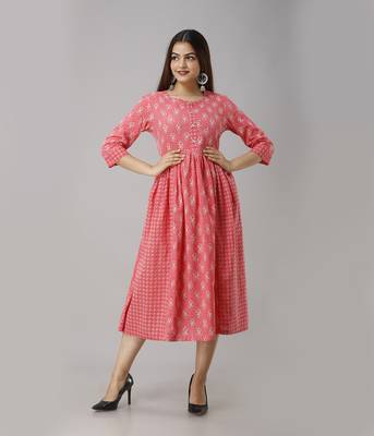 Women's  Red Cotton Anarkali Floral Printed Kurta 1