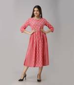 Women's  Red Cotton Anarkali Floral Printed Kurta