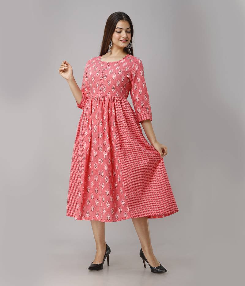 Women's  Red Cotton Anarkali Floral Printed Kurta