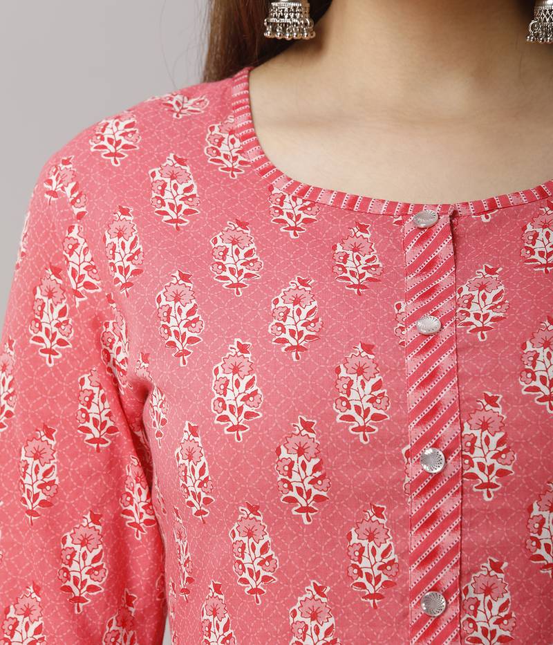 Women's  Red Cotton Anarkali Floral Printed Kurta