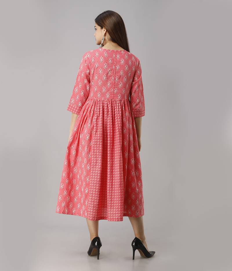 Women's  Red Cotton Anarkali Floral Printed Kurta