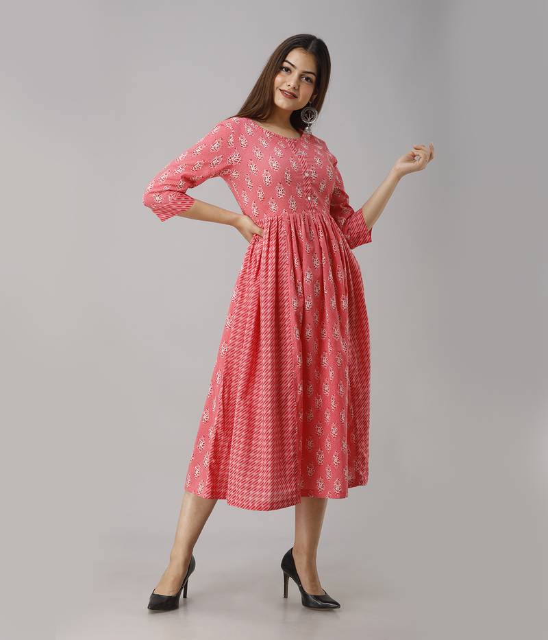 Women's  Red Cotton Anarkali Floral Printed Kurta