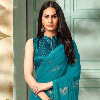 Turquoise woven Georgette saree with blouse 2