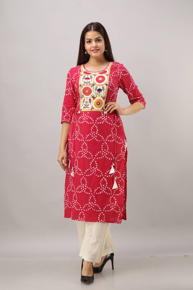 Women's Maroon Silk Cotton Bandhej Printed Straight Kurta