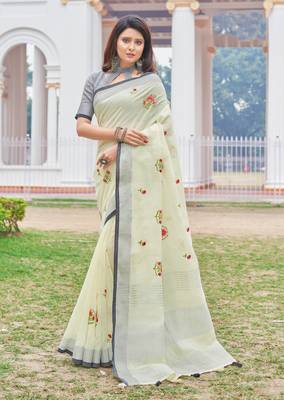 Off White Linen Cotton Embroidery Saree 1