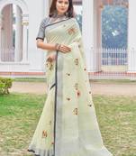 Off White Linen Cotton Embroidery Saree