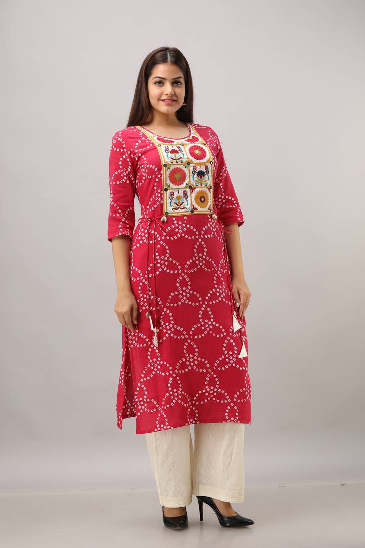 Women's Maroon Silk Cotton Bandhej Printed Straight Kurta