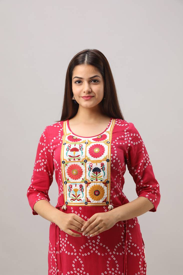 Women's Maroon Silk Cotton Bandhej Printed Straight Kurta