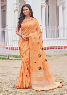 Orange Linen Cotton Embroidery Saree 1