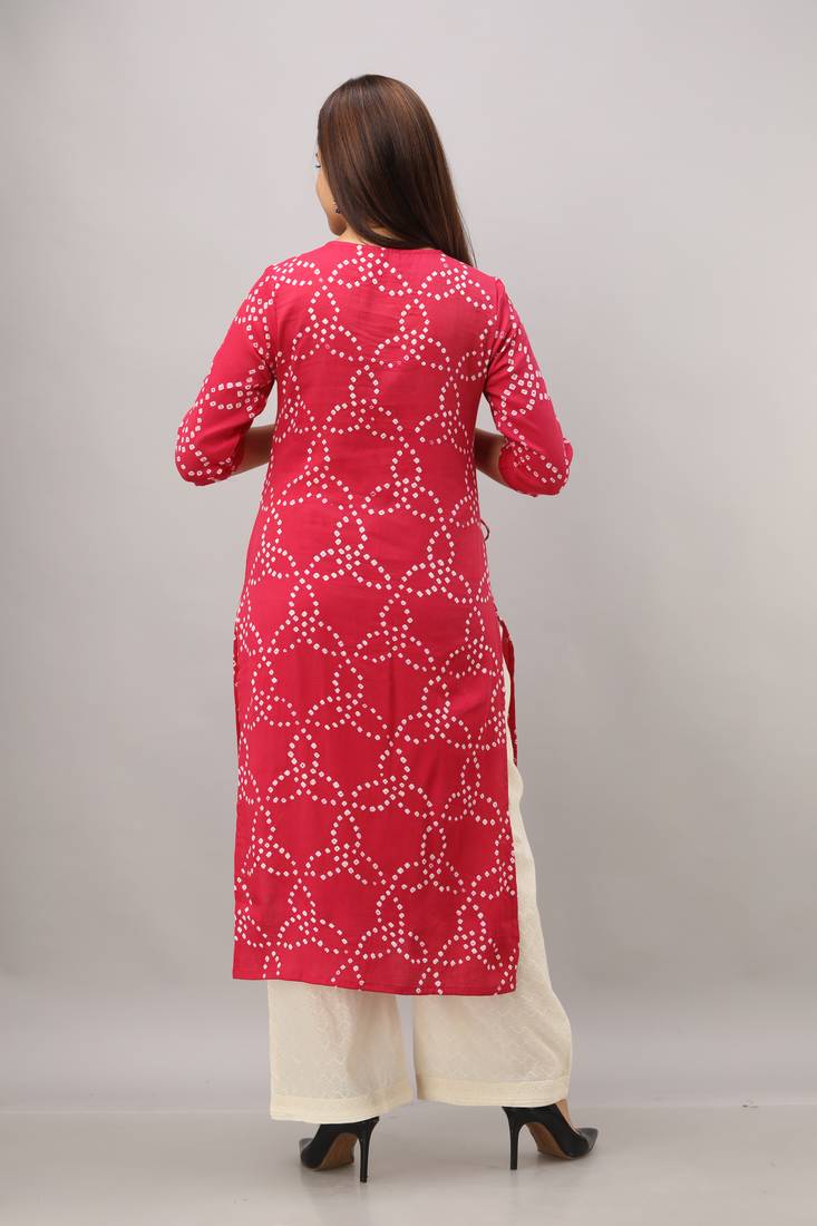 Women's Maroon Silk Cotton Bandhej Printed Straight Kurta