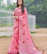 Pink Linen Cotton Embroidery Saree