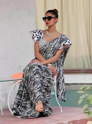 White printed satin saree with blouse 1