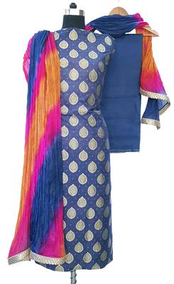 Blue Brocade Cotton Silk Unstitched Suit Fabric 1