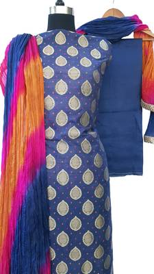 Blue Brocade Cotton Silk Unstitched Suit Fabric 2