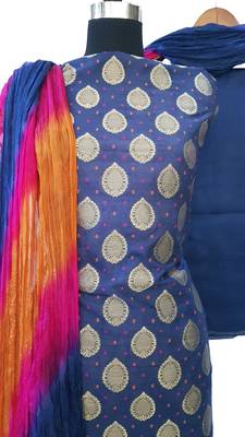 Blue Brocade Cotton Silk Unstitched Suit Fabric 3