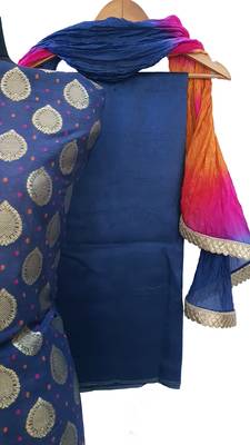 Blue Brocade Cotton Silk Unstitched Suit Fabric 5