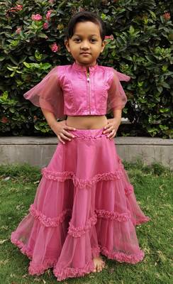 Kids Pink Net With Satin Lehenga Choli Set For Girl 1