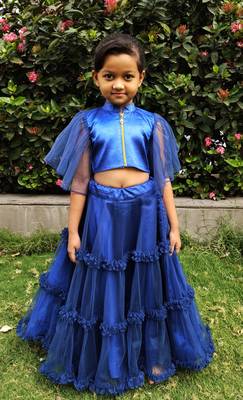 Kids Blue Net With Satin Lehenga Choli Set 1