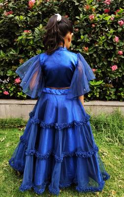 Kids Blue Net With Satin Lehenga Choli Set 2