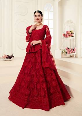 Red embroidered net semi stitched lehenga 1