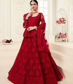 Red embroidered net semi stitched lehenga