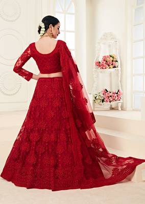 Red embroidered net semi stitched lehenga 2