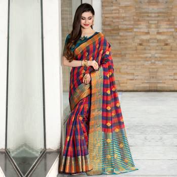 multicolor woven Cotton Blend saree with blouse 1