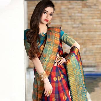 multicolor woven Cotton Blend saree with blouse 2