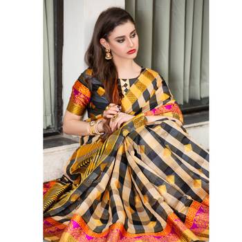 Beige woven Cotton Blend saree with blouse 2