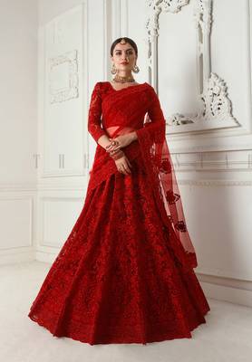 Red embroidered net semi stitched lehenga 1