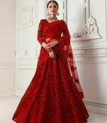 Red embroidered net semi stitched lehenga