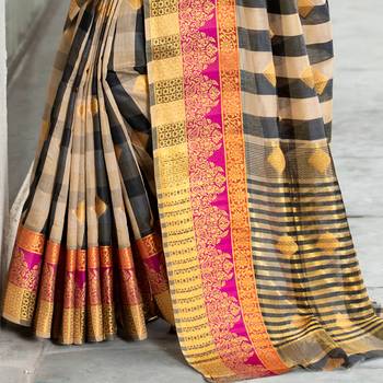 Beige woven Cotton Blend saree with blouse 3
