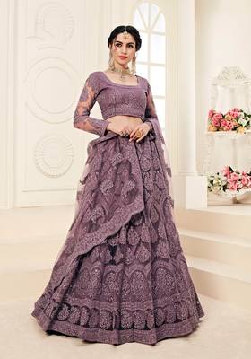 Purple embroidered net semi stitched lehenga 1