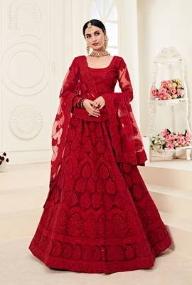 Red embroidered net semi stitched lehenga 1