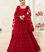 Red embroidered net semi stitched lehenga