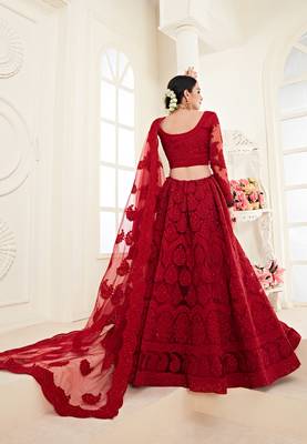 Red embroidered net semi stitched lehenga 2