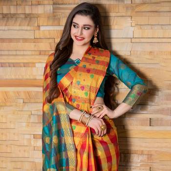 multicolor woven Cotton Blend saree with blouse 2