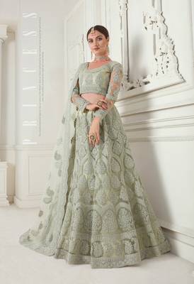 Green embroidered net semi stitched lehenga 1