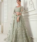 Green embroidered net semi stitched lehenga