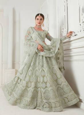 Green embroidered net semi stitched lehenga 2