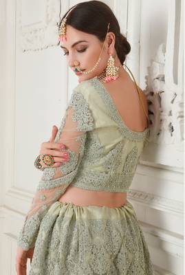 Green embroidered net semi stitched lehenga 3