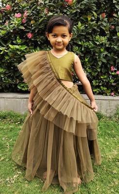 Girl Golden Net With Satin Lehenga Choli 1