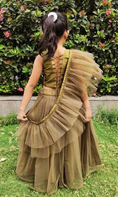 Girl Golden Net With Satin Lehenga Choli 2