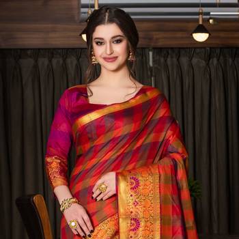 multicolor woven Cotton Blend saree with blouse 2