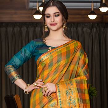 multicolor woven Cotton Blend saree with blouse 2