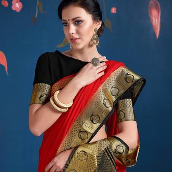 Red woven Silk blend saree with blouse 2