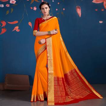 Orange woven Silk blend saree with blouse 1