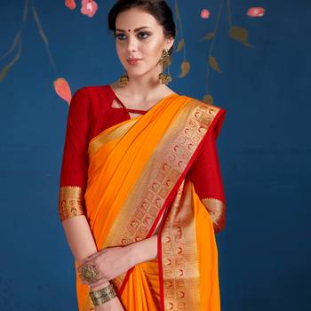 Orange woven Silk blend saree with blouse 2