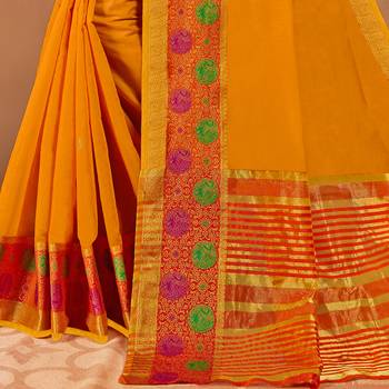 Orange woven Cotton Silk saree with blouse 3