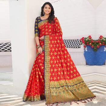 red woven Silk blend saree with blouse 1